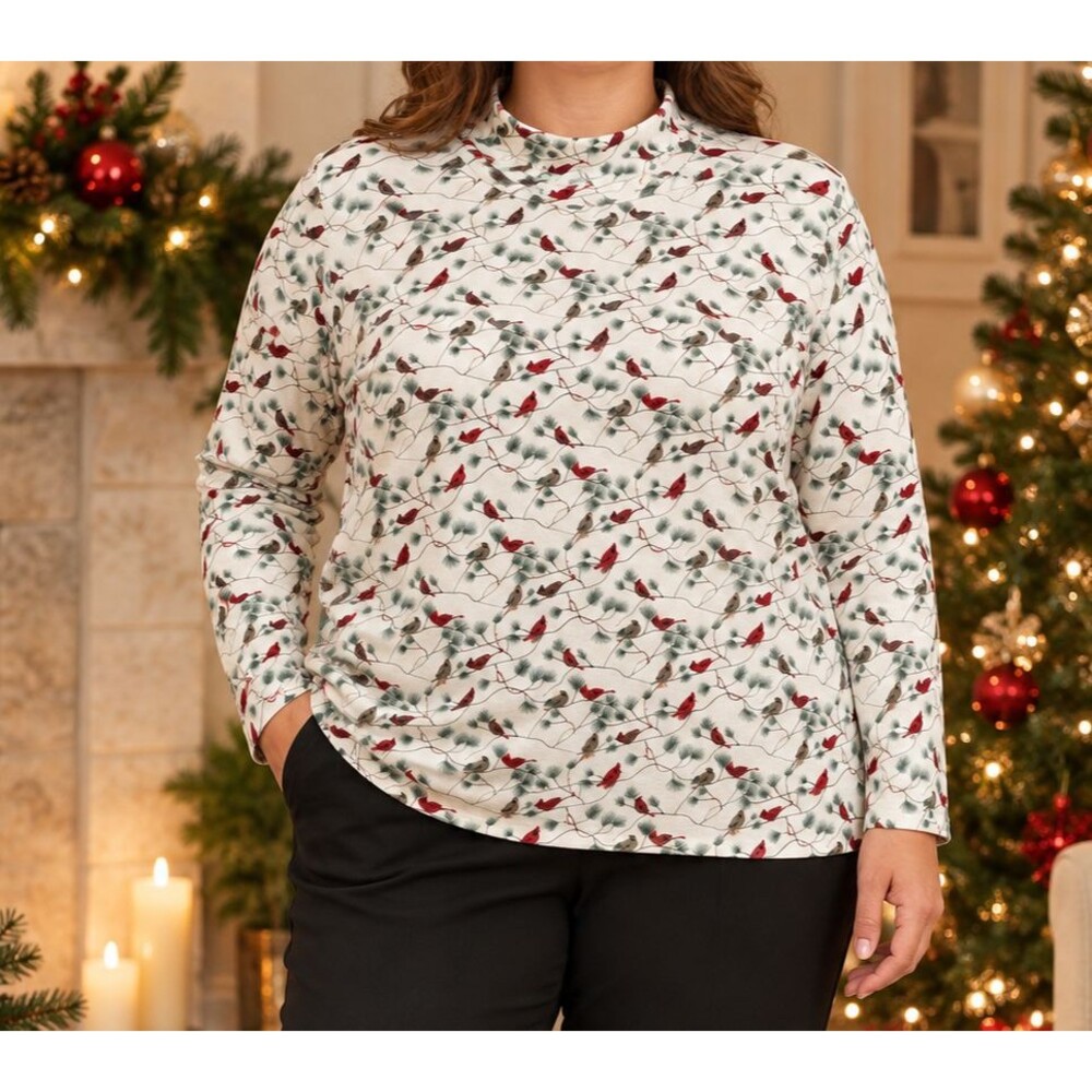 Vintage Rebecca Malone cardinal bird mock neck holiday top women’s XL